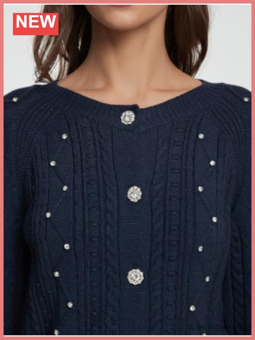 Cropped Cardigan Rhinestone Button Front Cable Knit Sweater - Picture 4 of 6